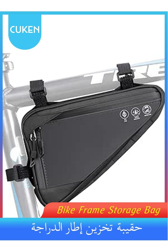 Cuken Bike Frame Storage Bag 2l, Water Resistant Reflective Bicycle Triangle Bag with Two Side Pockets, Strap-On Under Seat Tool, Accessories Pouch for Mountain Road Bike Trip (Black) - Image 1
