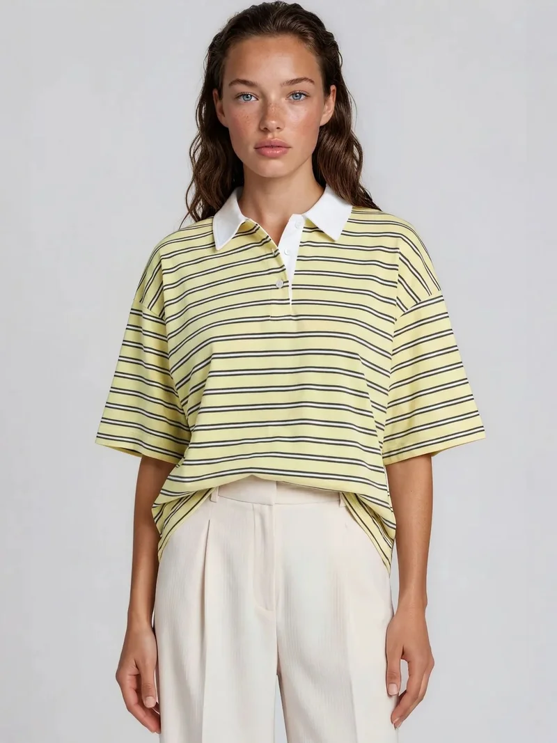 بوسيم BUSEM Women's Striped Cotton Polo T-Shirt