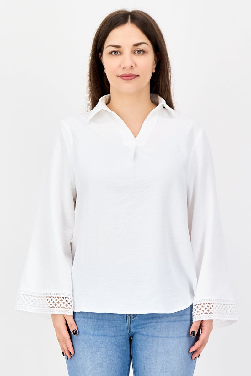 bebe Women V-Neck Solid Kimono Sleeve Blouse, White - Image 1