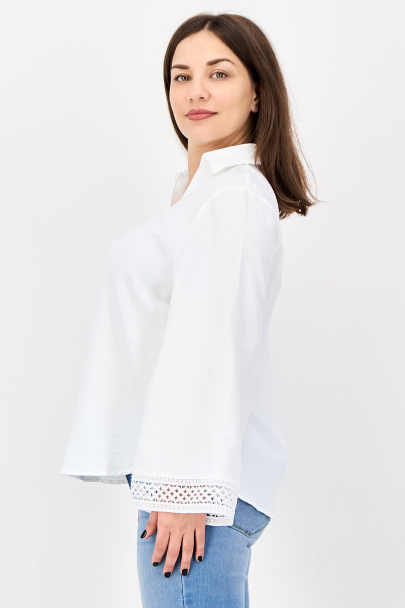 bebe Women V-Neck Solid Kimono Sleeve Blouse, White - Image 2