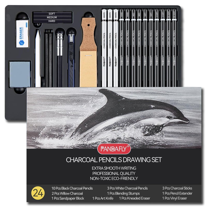 PANDAFLY 24 Piece Charcoal Drawing Set Black White Charcoal Pencils for Drawing Sketching Shading Blending Artist Pencils for Adults Beginners Pro Artists