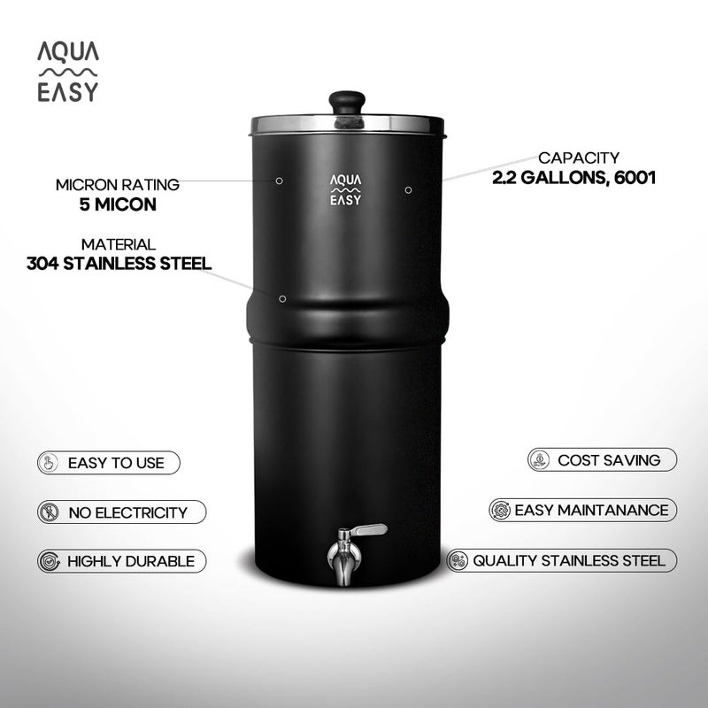 AQUA EASY AquaEasy NSF/ANSI 372 Certified Stainless Steel Gravity Water Filter System (2.25 Gallon) 2X Activated Carbon Filter, Stainless Steel Tap and Wooden Stand | Countertop Water Filtration System (Black) - Image 5