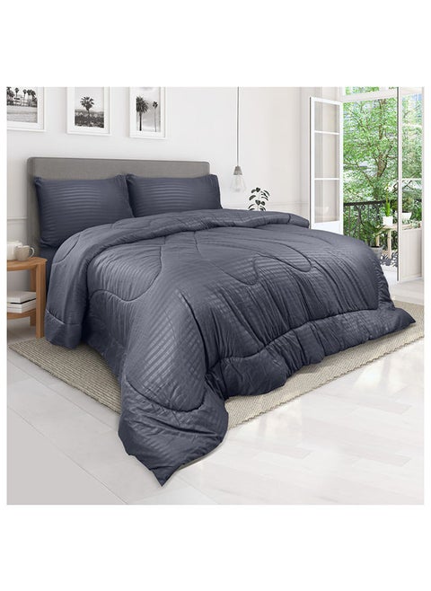 Down Alternative Comforter  Set -Ultra Soft Brushed Stripe Microfiber Fabric, 200GSM Soft Fibersheet Filling, Size : King  240 x 260cm , Color: Dark Grey