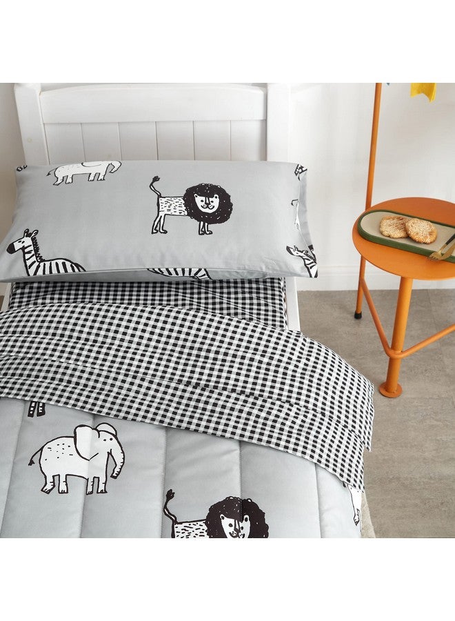 Flysheep 4 Piece Gray Grey Toddler Bedding Set with Multi Animals Printed for Baby Boys - Includes Quilted Comforter, Flat Sheet, Fitted Sheet & Pillow Case, Soft & Comfortable Microfiber - Image 2