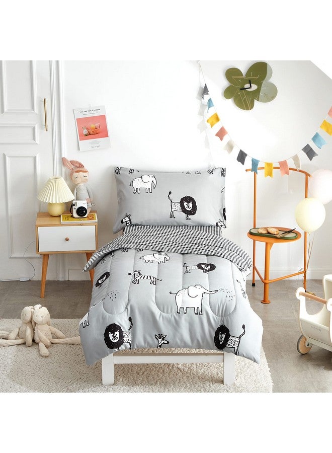 Flysheep 4 Piece Gray Grey Toddler Bedding Set with Multi Animals Printed for Baby Boys - Includes Quilted Comforter, Flat Sheet, Fitted Sheet & Pillow Case, Soft & Comfortable Microfiber - Image 1