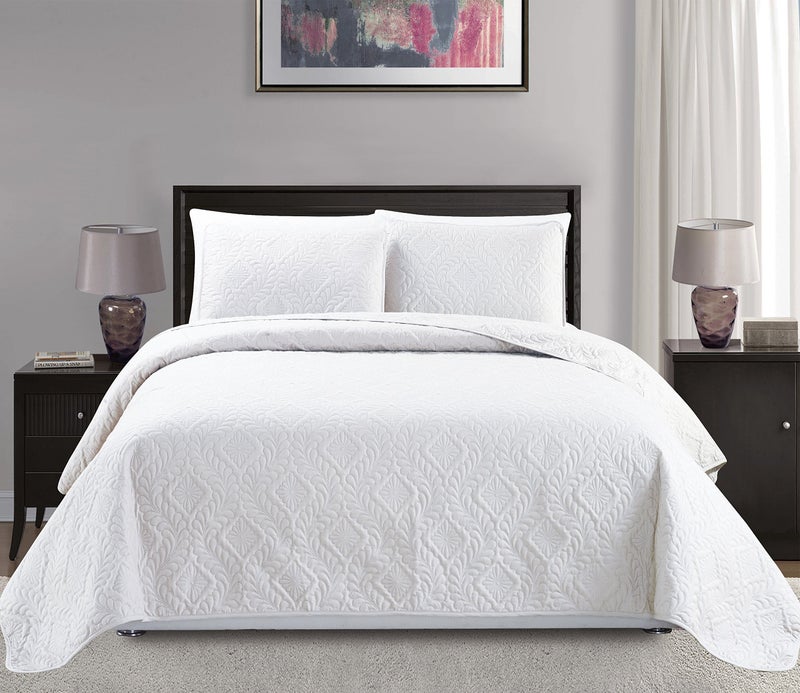 MK Home Mk Collection 3pc FullQueen Over Size Diamond Bedspread Bed Cover Embossed Solid White New 
