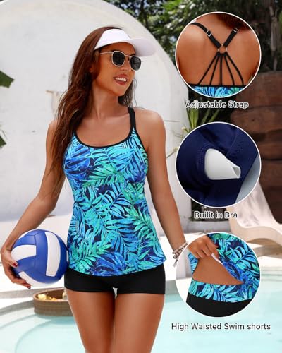 Yonique Two Piece Tankini Swimsuits for Women with Shorts Tummy Control Bathing Suits Athletic Swimwear Green Leaves L - Image 3