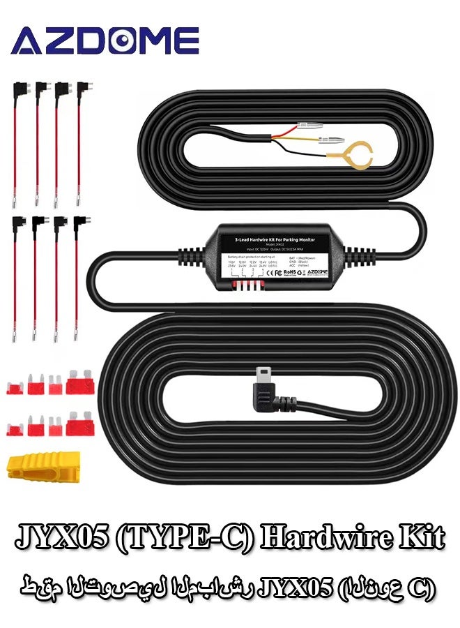 AZDOME 3-Lead Acc Hardwire Kit Type-C USB Port for M550 M580 M660 M01Pro PG17 GS63HPro DashCam, 12ft with Fuse Kit, Dash Camera Convert 12V-24V to Output 5V/2.5A Max, 24H Parking Mode, Low Voltage Protection - Image 1