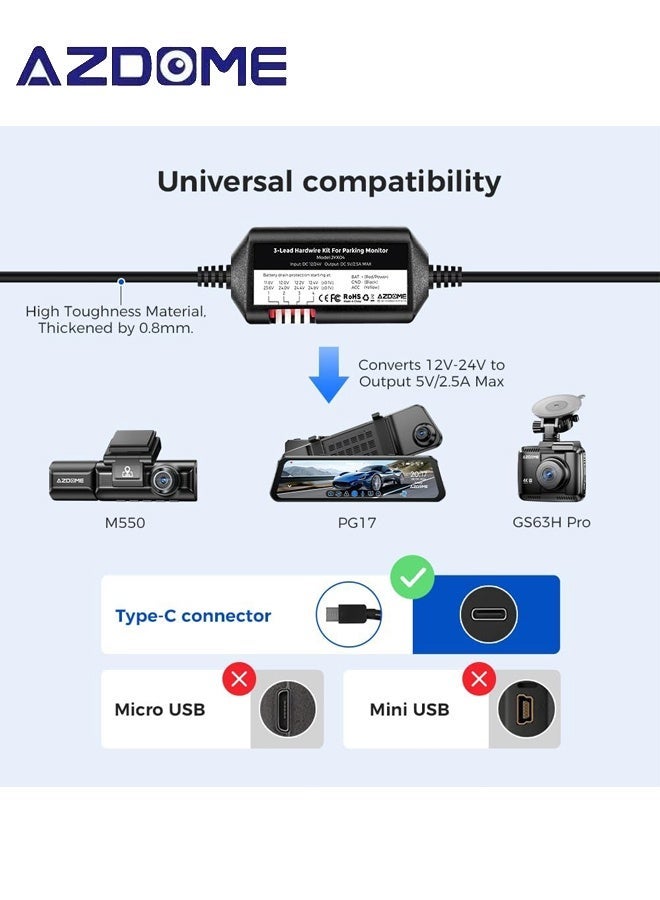 AZDOME 3-Lead Acc Hardwire Kit Type-C USB Port for M550 M580 M660 M01Pro PG17 GS63HPro DashCam, 12ft with Fuse Kit, Dash Camera Convert 12V-24V to Output 5V/2.5A Max, 24H Parking Mode, Low Voltage Protection - Image 3