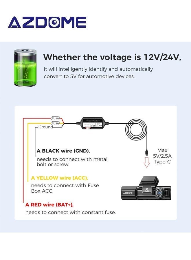 AZDOME 3-Lead Acc Hardwire Kit Type-C USB Port for M550 M580 M660 M01Pro PG17 GS63HPro DashCam, 12ft with Fuse Kit, Dash Camera Convert 12V-24V to Output 5V/2.5A Max, 24H Parking Mode, Low Voltage Protection - Image 5
