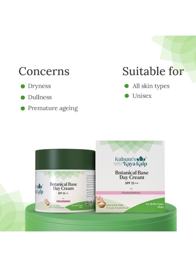 Kulsum's Kaya Kalp Herbals Botanical Base Day Cream SPF 15++ For Glowing Radiance | Ideal For Men & Women | With Lotus & Zinc Oxide | For All Skin Types | 40gm - Image 4