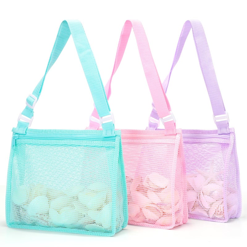 Tagitary Beach Toy Mesh Beach Bag Sand Toy Seashell Bag for Holding Shells Pool Bag with Zipper Swimming Accessories for Kids Boys and Girls(Only Bags,A Set of 3) - Image 1