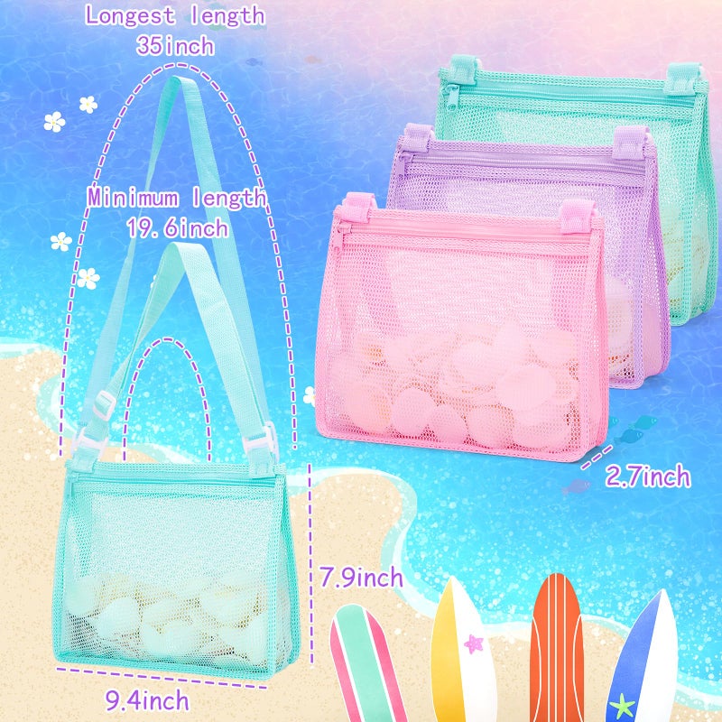 Tagitary Beach Toy Mesh Beach Bag Sand Toy Seashell Bag for Holding Shells Pool Bag with Zipper Swimming Accessories for Kids Boys and Girls(Only Bags,A Set of 3) - Image 2