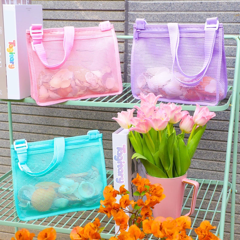 Tagitary Beach Toy Mesh Beach Bag Sand Toy Seashell Bag for Holding Shells Pool Bag with Zipper Swimming Accessories for Kids Boys and Girls(Only Bags,A Set of 3) - Image 4