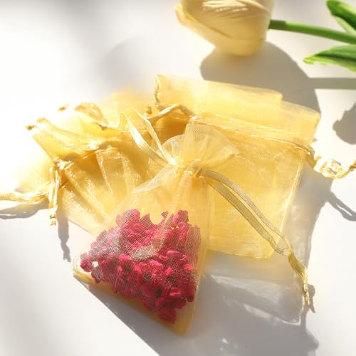 WenTao 100pcs Little Gold Organza Bags, 2x3inch Mesh Jewelry Pouches Drawstring Empty Sachets for Bracelets Candy Small Gift - Image 5