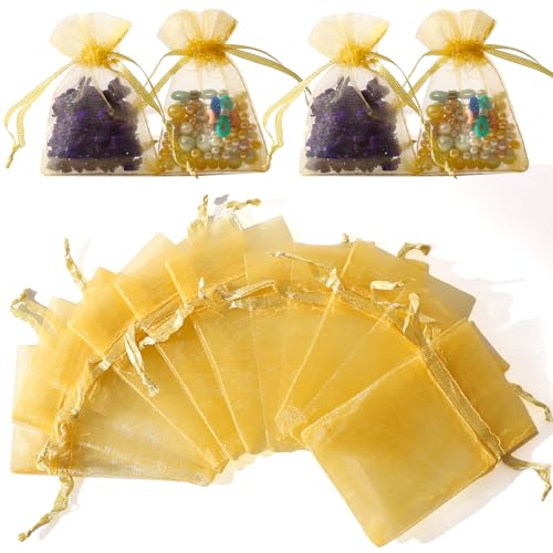 WenTao 100pcs Little Gold Organza Bags, 2x3inch Mesh Jewelry Pouches Drawstring Empty Sachets for Bracelets Candy Small Gift - Image 3
