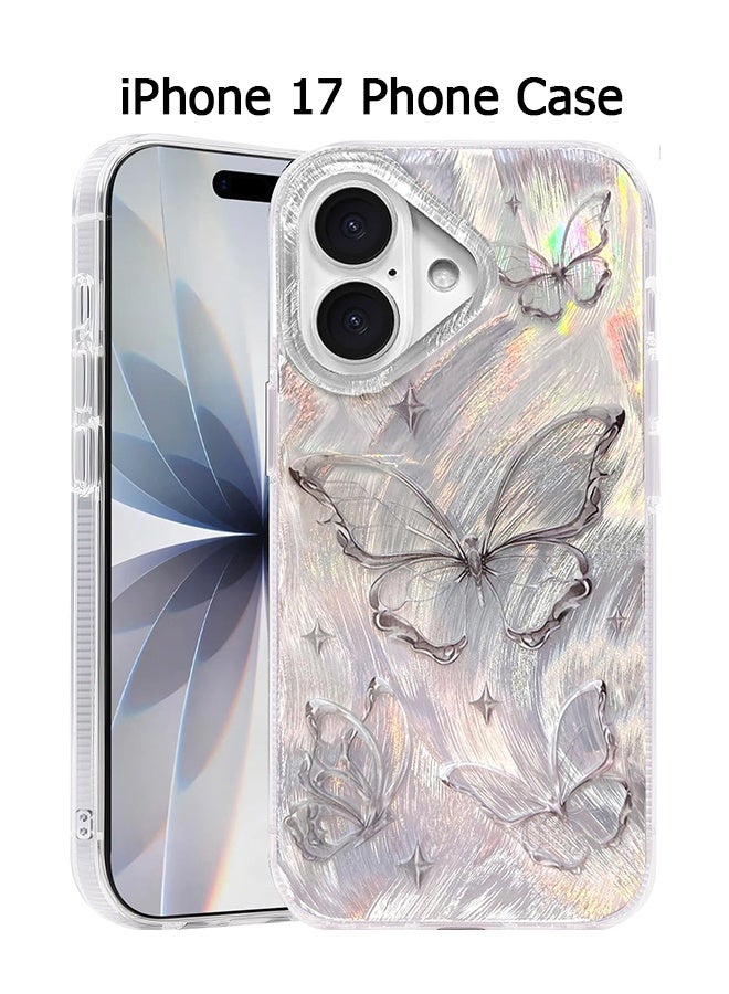 متوافق مع غطاء iPhone 17 - تصميم فراشة فضي لامع - غطاء هاتف بأسلوب خيط الريش - غطاء هاتف واقي من الصدمات بتقنية TPU - أنيق وبسيط - فضي