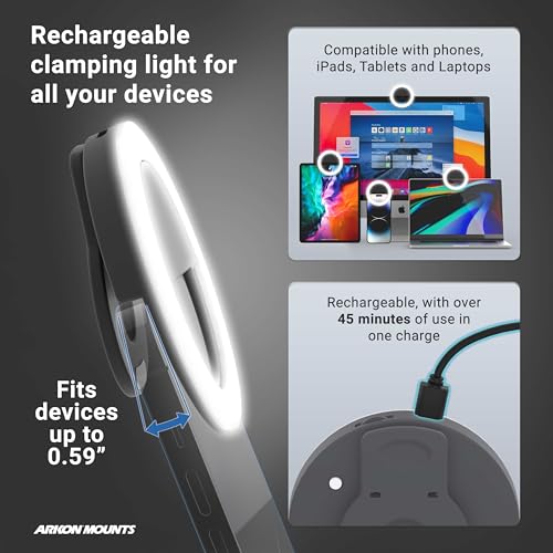 ARKON Mounts Rechargeable Phone Selfie Light | 40 High Power LEDs | Color Accurate | 3 Light Modes | Ring Light for Phone, Laptop, IPhone, IPad, Video - Image 4