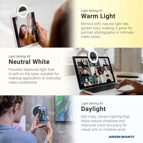 ARKON Mounts Rechargeable Phone Selfie Light | 40 High Power LEDs | Color Accurate | 3 Light Modes | Ring Light for Phone, Laptop, IPhone, IPad, Video - Image 3