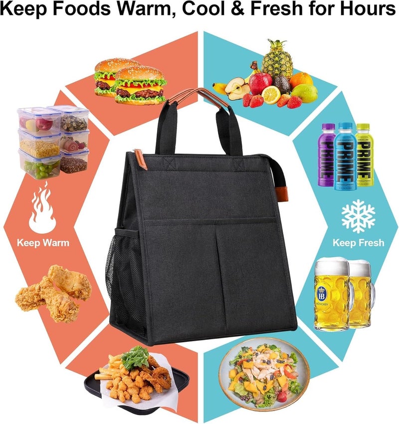 SALEPUSH Polyester Lunch Bag for Office Women and Men Big Size Insulated Tiffin Bag for Lunch Box Leakproof Keeps Hot and Cold Unisex Lunch Box Bag for Kids Office Picnic SchoolBlack - Image 2