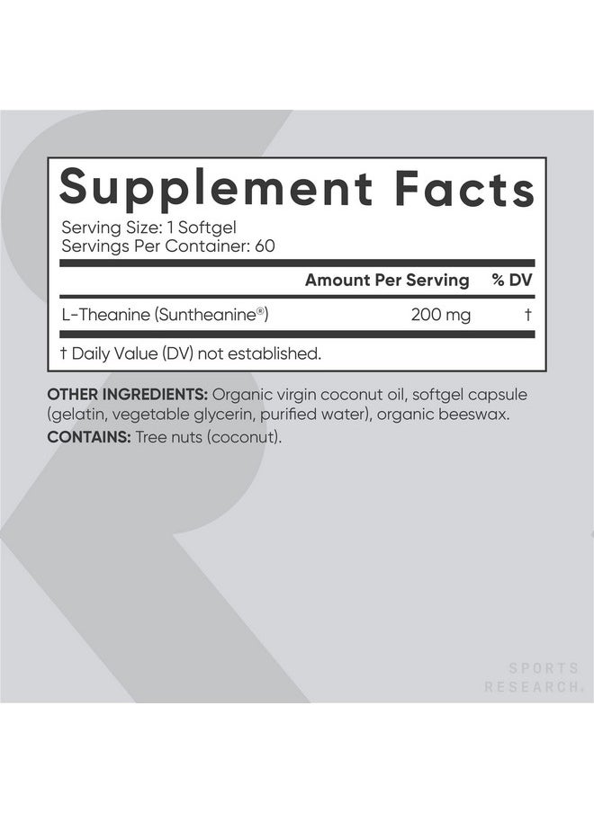 SPORTS RESEARCH Double Strength ‘Suntheanine’ Ltheanine With Organic Coconut Oil Promotes Alertness & Relaxation Without Drowsiness 200Mg L Theanine Supplement 60 Softgel Capsules For Adults  - Image 4