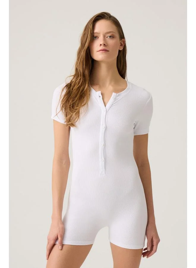 Los Ojos White Ribbed Short Sleeve Short Romper.