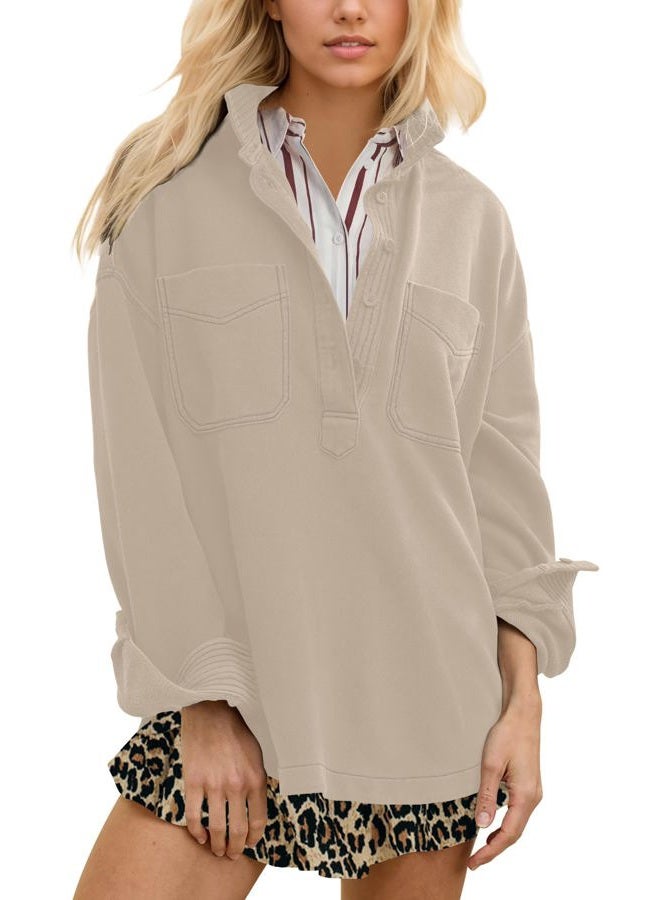 Locachy Women's Casual Oversized Polo Neck Sweatshirt Lapel Long Sleeve Button Pullover Tops Fashion Outfits Clothes, Khaki Grey, L - Image 1
