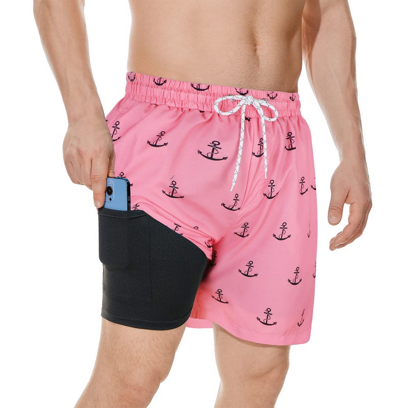 American Trends Men's Swimsuit Swim Trunk Mens 7 Inch Inseam Boardshorts Swimwear Beach Pool Bathing Suits Pink Anchor L - Image 1
