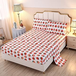 SDY SDY 4PCS Strawberry Bed Sheets,Twin Size Red,Pink White Kawaii Bedding Sheet Set with 1 Top Flat Sheet + 1 Deep Pocket  - Image 1