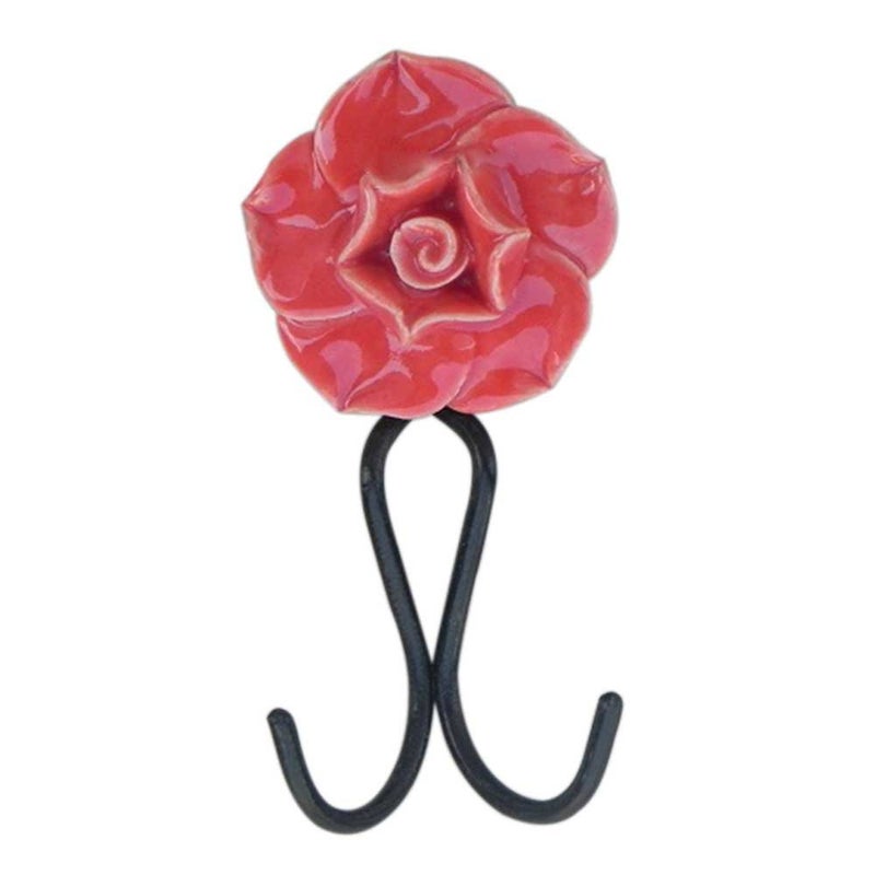 Indian-Shelf IndianShelf Handmade Rose Wall Hooks Hangers Handle Hanging Coat Key Holders Mount Hat Mug Kitchen Utensils Bathroom Ceramic_Red_5 Inches2 Piece  - Image 1