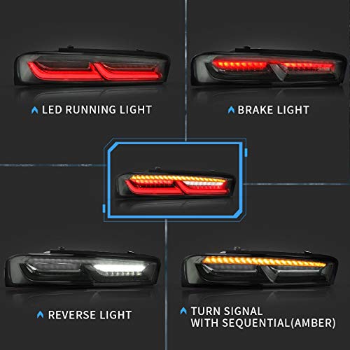 VLAND Led Tail lights Compatible with Chevrolet Camaro 2016 2017 2018 w/Amber Turn Signal w/Sequential (US Plug), Smoke Clear Lens Rear Lamp Assembly with Passenger& Driver Sides - Image 3
