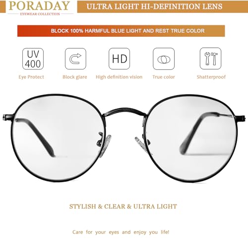 PORADAY Blue Light Blocking Glasses for Women Men Retro Round Metal Eyeglasses Frames 100% Anti-Blue Light Lens (Black) - Image 5