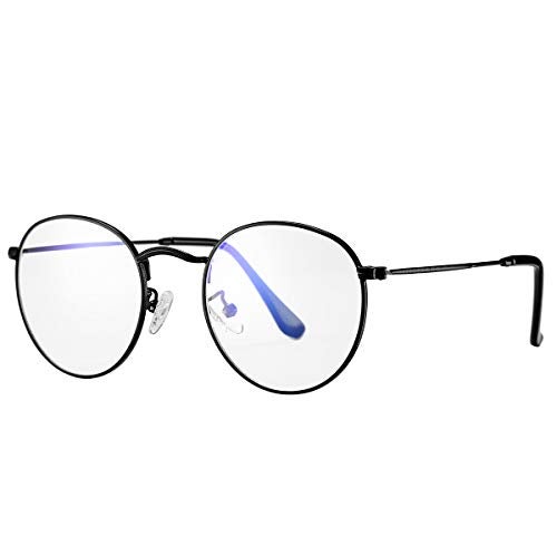PORADAY Blue Light Blocking Glasses for Women Men Retro Round Metal Eyeglasses Frames 100% Anti-Blue Light Lens (Black) - Image 1