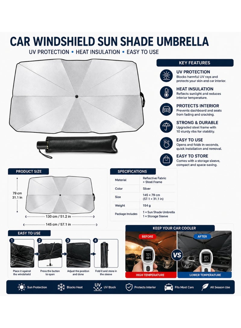 Car Windshield Sun Shade Umbrella, Foldable Uv Protection & Heat Reduction Sunshade, Universal Fit For Cars - Image 3