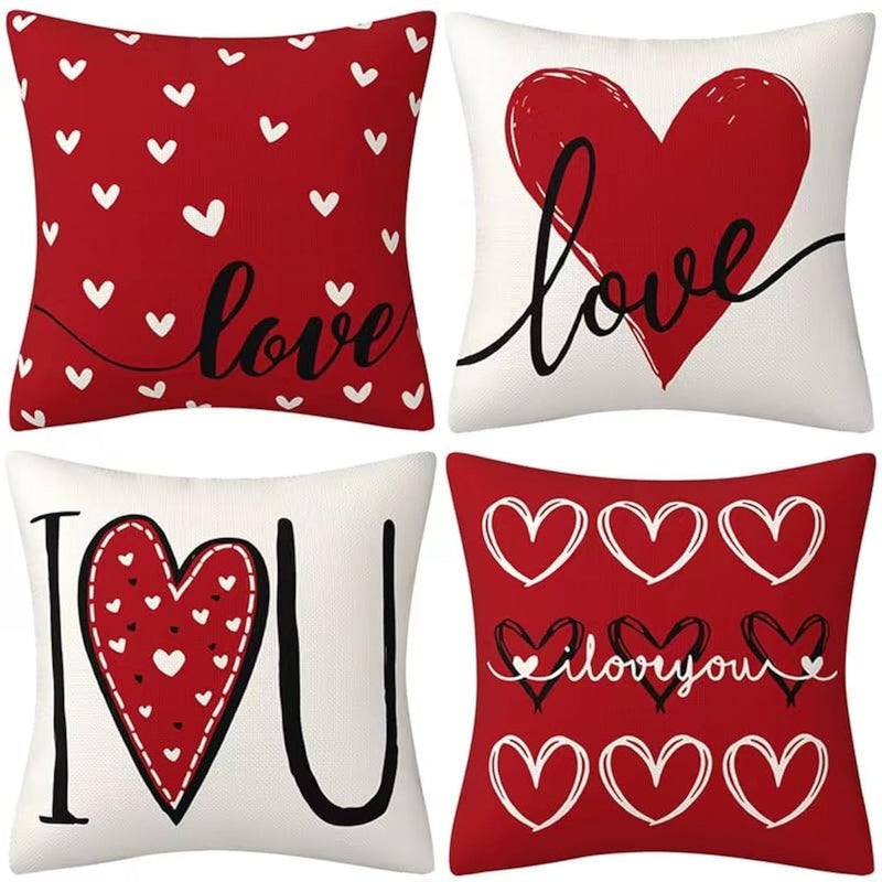 Valentines Day DecorThrow Pillow Covers 18x18 in Set of 4Valentine Linen Pillow Case with Red Heart Love You More for Large Couch Sofa Home Indoor Outdoor Holiday Decorations