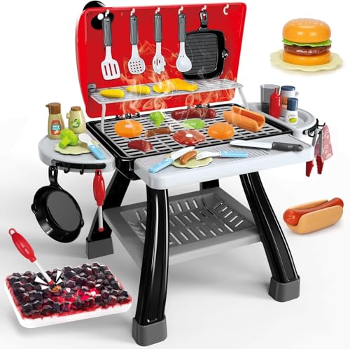 Bstoyder Kids Play Kitchen Toys Kids BBQ Grill Kitchen Playset with Smoke Sound Light Play Food Toys Cooking Set 2Layer Barbecue Outdoor Play Grill Toy Gift for Toddler Boys Girls 35 - Image 1