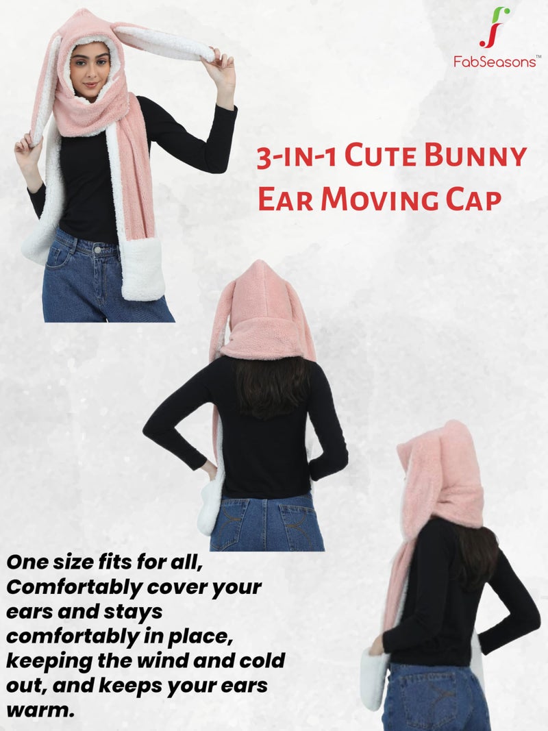 FabSeasons 3-in-1 Cute Bunny Ear Moving Cap – Plush Hat/Cap, Scarf, and Gloves Set for Women & Girls (10 years and Above) | Adorable Pop-Up Ears | Hooded Shawl with Pockets - Image 2