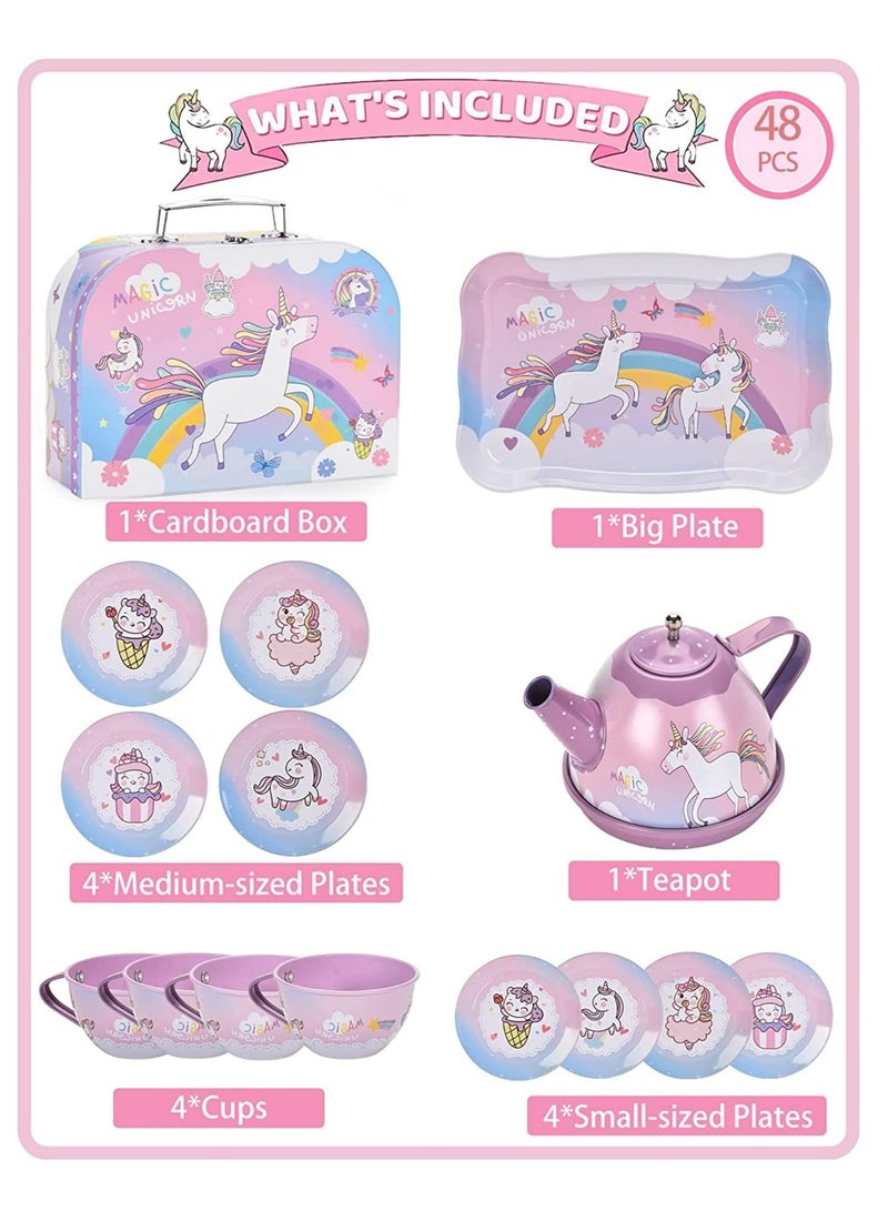 Bebiland 48 PCS Toy Unicorn Tea Set for Little Girls, Princess Tea Party Play Toy Kid Afternoon Tea Set Including Teapot, Cups, Plates, Dessert, Drinks and Carrying Case (Unicorn) - Image 3