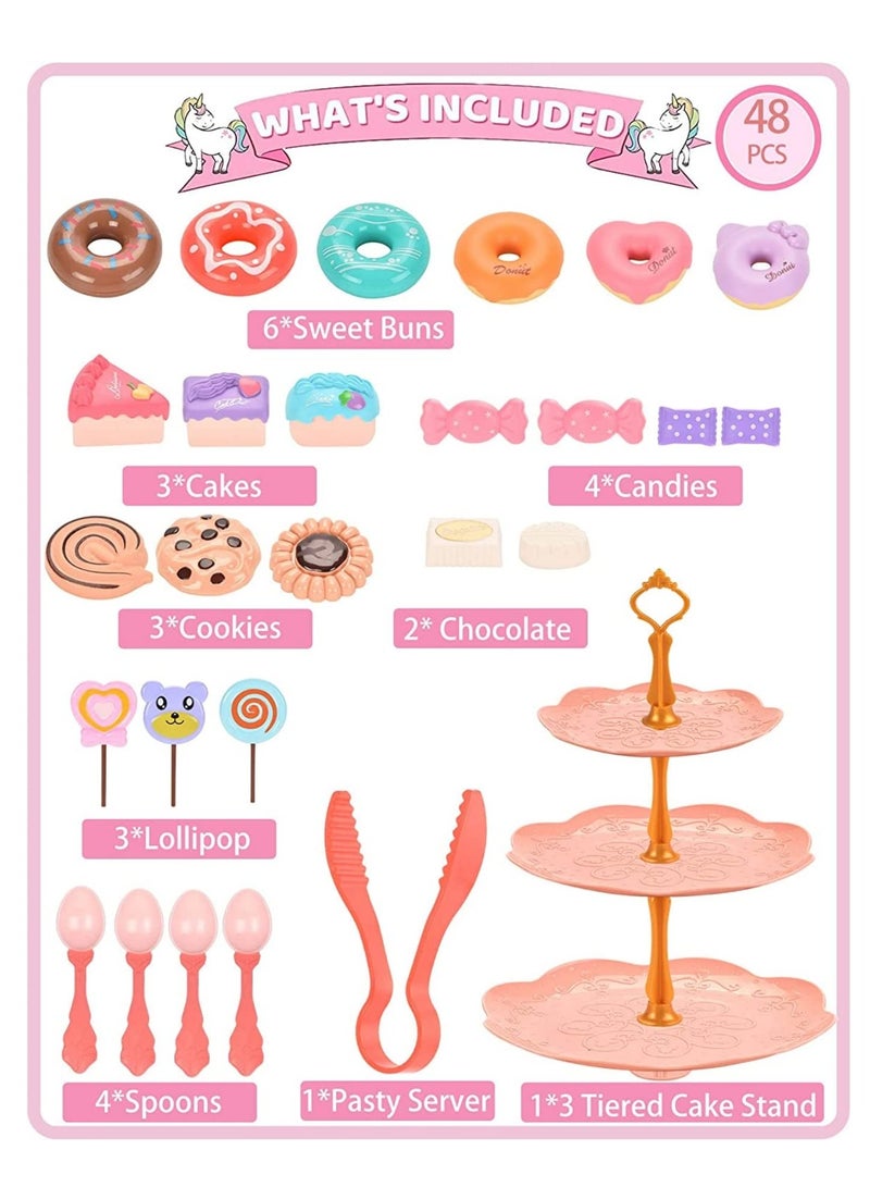 Bebiland 48 PCS Toy Unicorn Tea Set for Little Girls, Princess Tea Party Play Toy Kid Afternoon Tea Set Including Teapot, Cups, Plates, Dessert, Drinks and Carrying Case (Unicorn) - Image 4