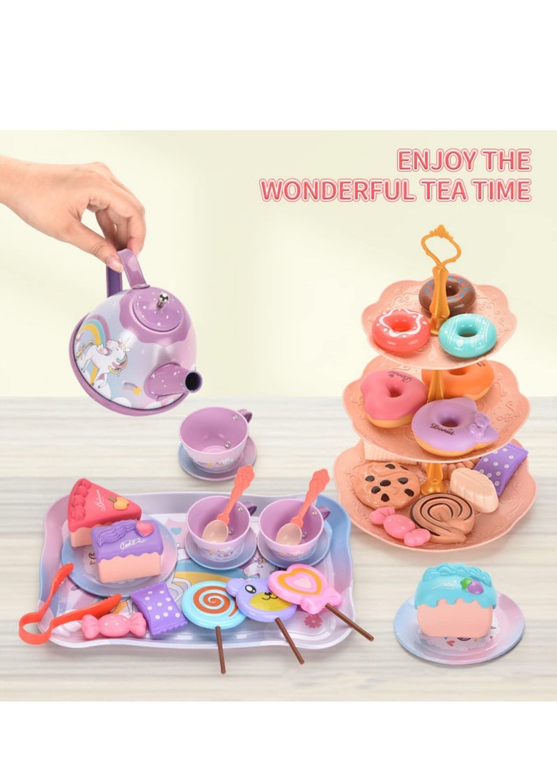 Bebiland 48 PCS Toy Unicorn Tea Set for Little Girls, Princess Tea Party Play Toy Kid Afternoon Tea Set Including Teapot, Cups, Plates, Dessert, Drinks and Carrying Case (Unicorn) - Image 5