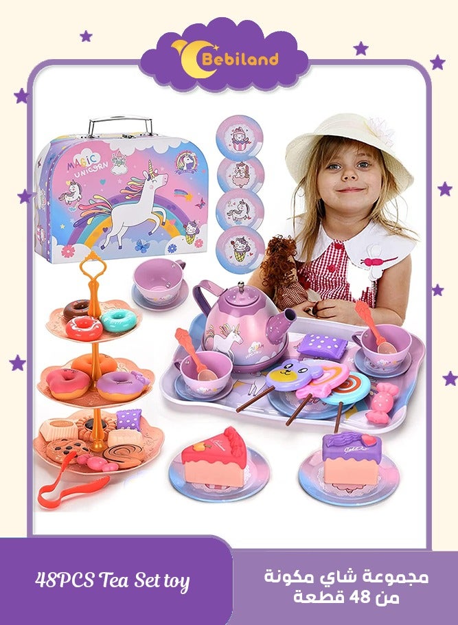 Bebiland 48 PCS Toy Unicorn Tea Set for Little Girls, Princess Tea Party Play Toy Kid Afternoon Tea Set Including Teapot, Cups, Plates, Dessert, Drinks and Carrying Case (Unicorn) - Image 1