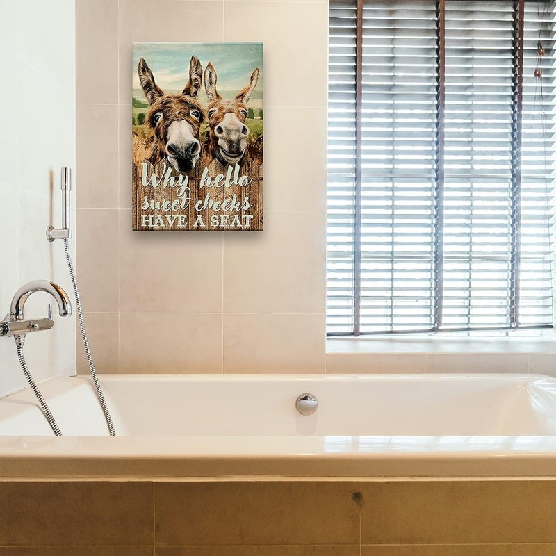 Busmko Funny Quotes Bathroom Wall Decor Canvas Paintings Why Hello Sweet Cheeks Have a Seat Hilarious Donkey Animal Poster Print Wall Art for Powder Room Vertical Vintage Artwork Decoration - Image 4