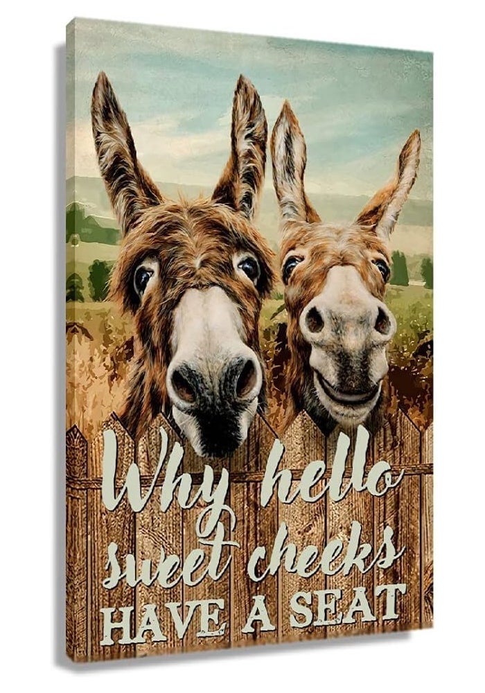 Busmko Funny Quotes Bathroom Wall Decor Canvas Paintings Why Hello Sweet Cheeks Have a Seat Hilarious Donkey Animal Poster Print Wall Art for Powder Room Vertical Vintage Artwork Decoration - Image 1