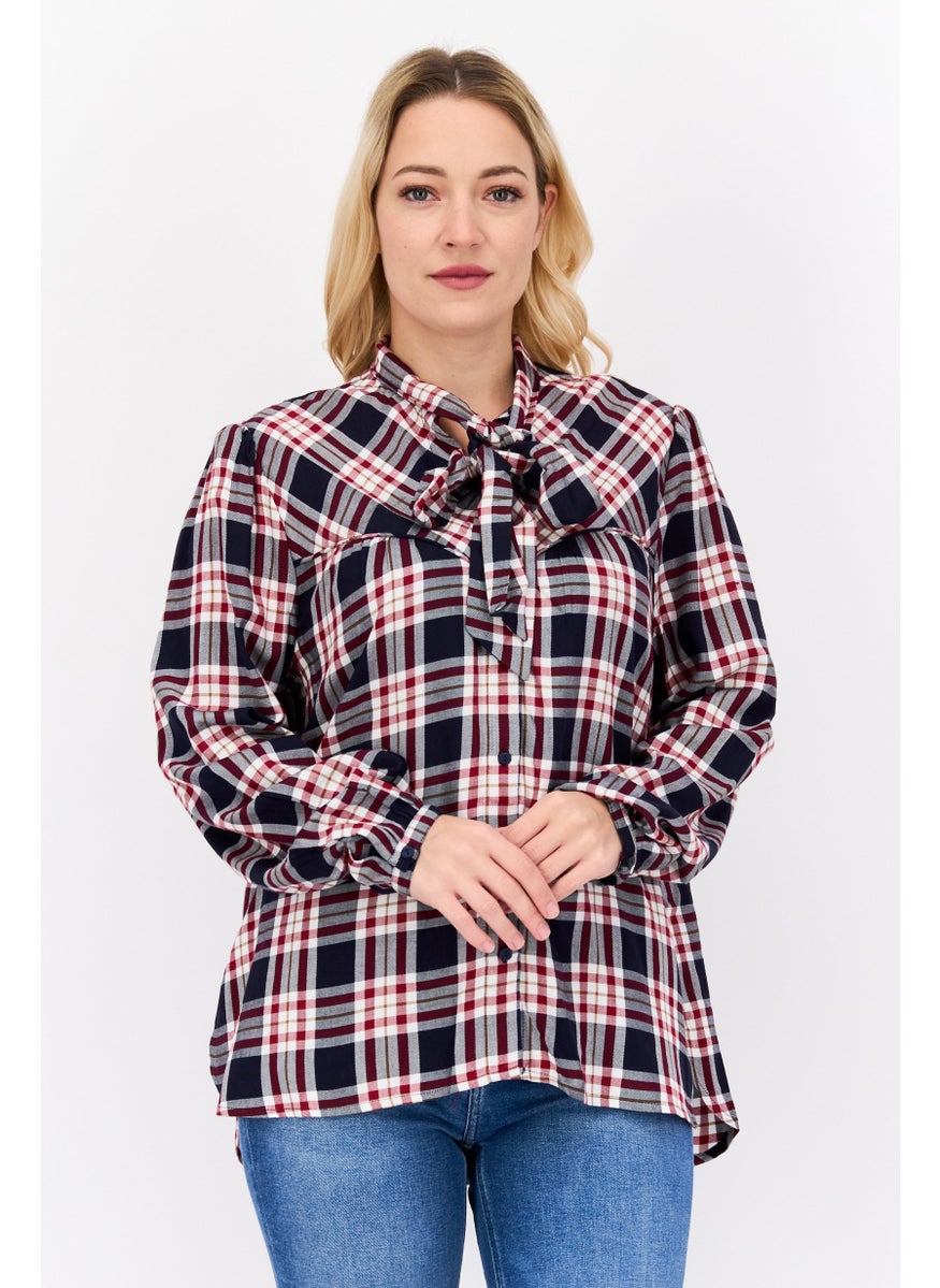 Pepe Jeans Women Tie Neck Long Sleeves Checkered Blouse, Blue  - Image 1