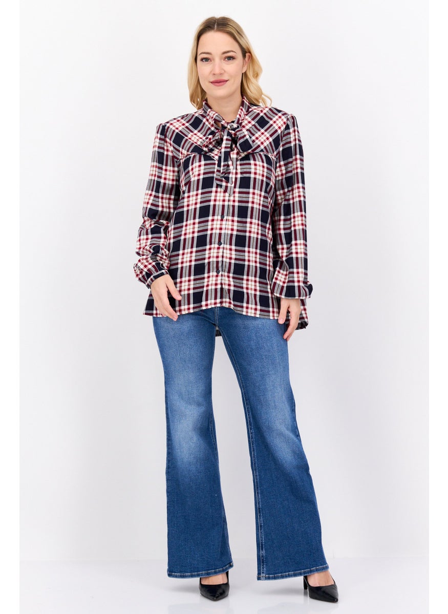 Pepe Jeans Women Tie Neck Long Sleeves Checkered Blouse, Blue  - Image 2
