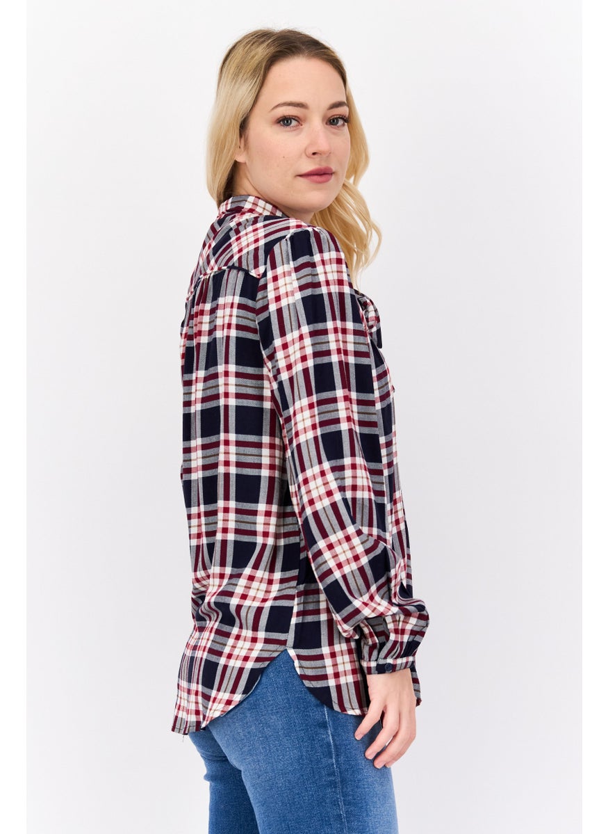 Pepe Jeans Women Tie Neck Long Sleeves Checkered Blouse, Blue  - Image 4