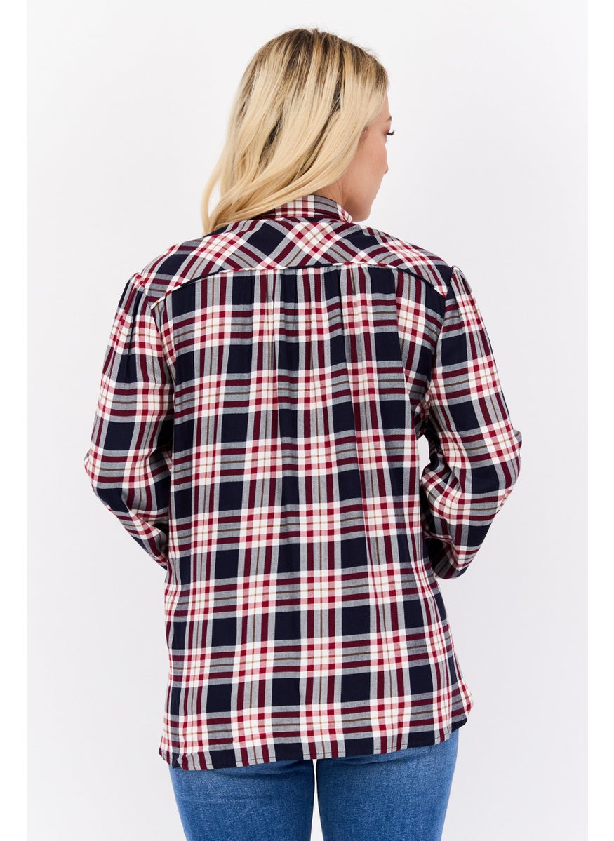 Pepe Jeans Women Tie Neck Long Sleeves Checkered Blouse, Blue  - Image 3
