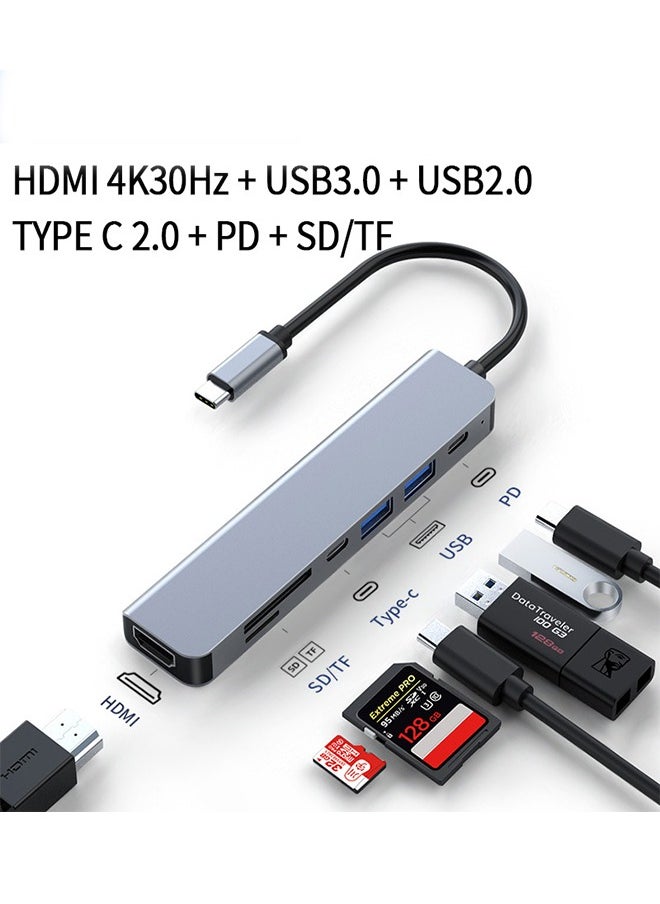 HY - 7 in 1 USB C Hub Multiports Type C Dock to HDMI Adapter with 4K HDMI SD TF Card Reader Slot USB 3.0 Port Type C PD for MacBook Pro/Air Galaxy S20+ iPad Pro 2021 etc - Image 1