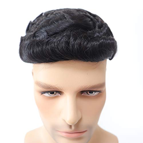 Hywel Toupee for Men with 100 Real Human Hair Mono Top with Poly Coating Around Cap Mens Wig Natural Wave Hair Pieces Replacement for Men System Off Black 1B 7 9 Inches - Image 5