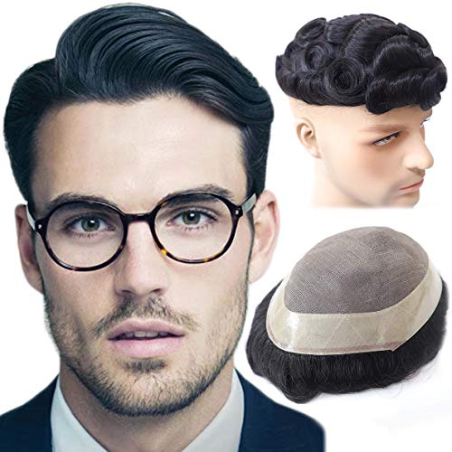 Hywel Toupee for Men with 100 Real Human Hair Mono Top with Poly Coating Around Cap Mens Wig Natural Wave Hair Pieces Replacement for Men System Off Black 1B 7 9 Inches - Image 2